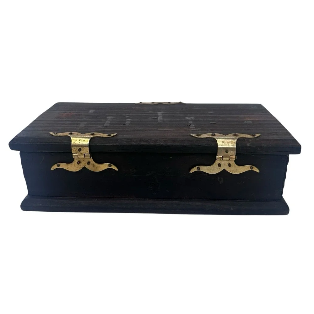 Vintage Wooden Jewelry Box Treasure Chest Trinket Rustic Pirate Gold Hardware Go
